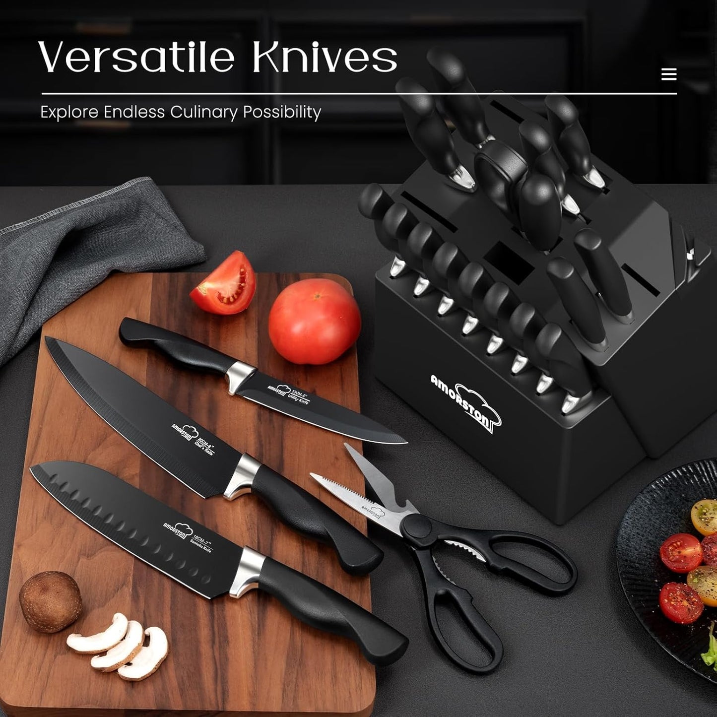 Knife Set, 21 Pieces Kitchen Knife Set with Block and Sharpener, Ultra-Sharp Knives Set with Ergonomic Handles, Black German Stainless Steel Knife Block Set, Dishwasher Safe