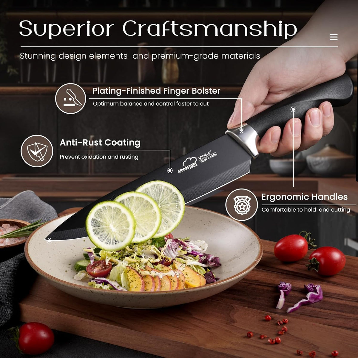 Knife Set, 21 Pieces Kitchen Knife Set with Block and Sharpener, Ultra-Sharp Knives Set with Ergonomic Handles, Black German Stainless Steel Knife Block Set, Dishwasher Safe