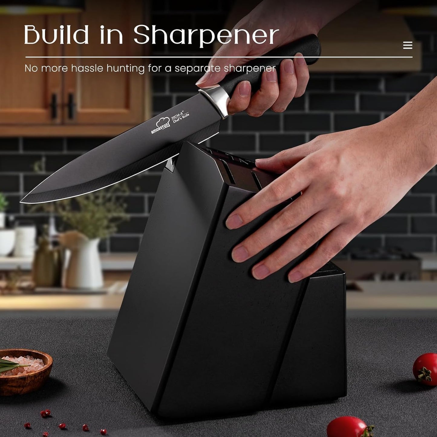 Knife Set, 21 Pieces Kitchen Knife Set with Block and Sharpener, Ultra-Sharp Knives Set with Ergonomic Handles, Black German Stainless Steel Knife Block Set, Dishwasher Safe