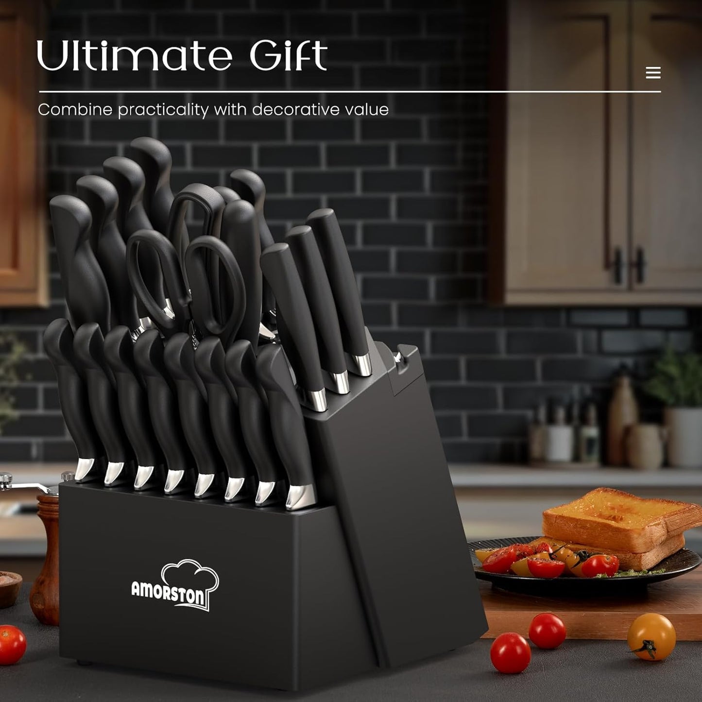 Knife Set, 21 Pieces Kitchen Knife Set with Block and Sharpener, Ultra-Sharp Knives Set with Ergonomic Handles, Black German Stainless Steel Knife Block Set, Dishwasher Safe