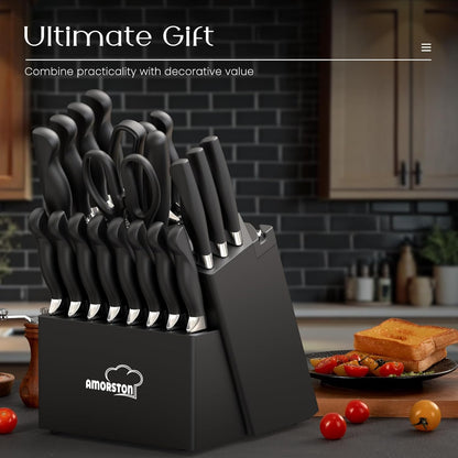 Knife Set, 21 Pieces Kitchen Knife Set with Block and Sharpener, Ultra-Sharp Knives Set with Ergonomic Handles, Black German Stainless Steel Knife Block Set, Dishwasher Safe