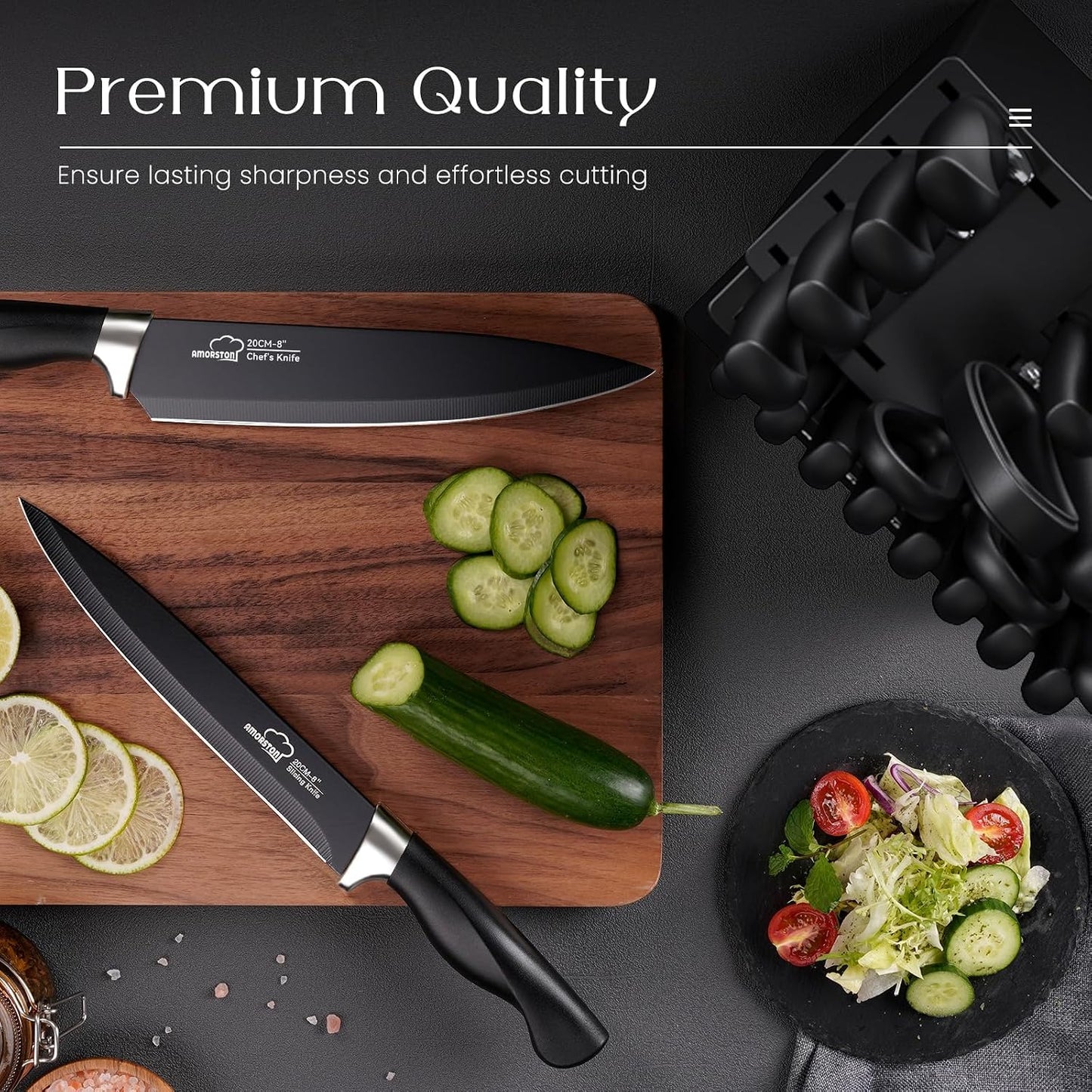 Knife Set, 21 Pieces Kitchen Knife Set with Block and Sharpener, Ultra-Sharp Knives Set with Ergonomic Handles, Black German Stainless Steel Knife Block Set, Dishwasher Safe