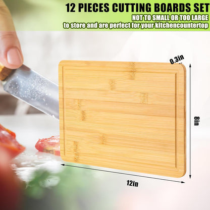 12 Pack Bulk Plain Cutting Board Set Kitchen Chopping Boards Rectangular Blank Cutting Board Wood Crafts Serving Board for Christmas Wedding DIY Engraving Gifts(Bamboo,12 x 8 Inch)