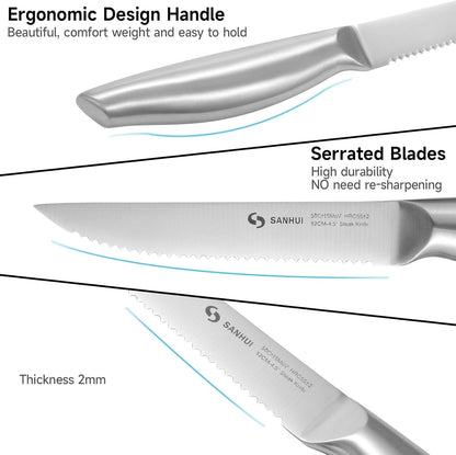 Steak Knives, Steak Knife Set of 8, German Stainless Steel Steak Knife Serrated, Silver