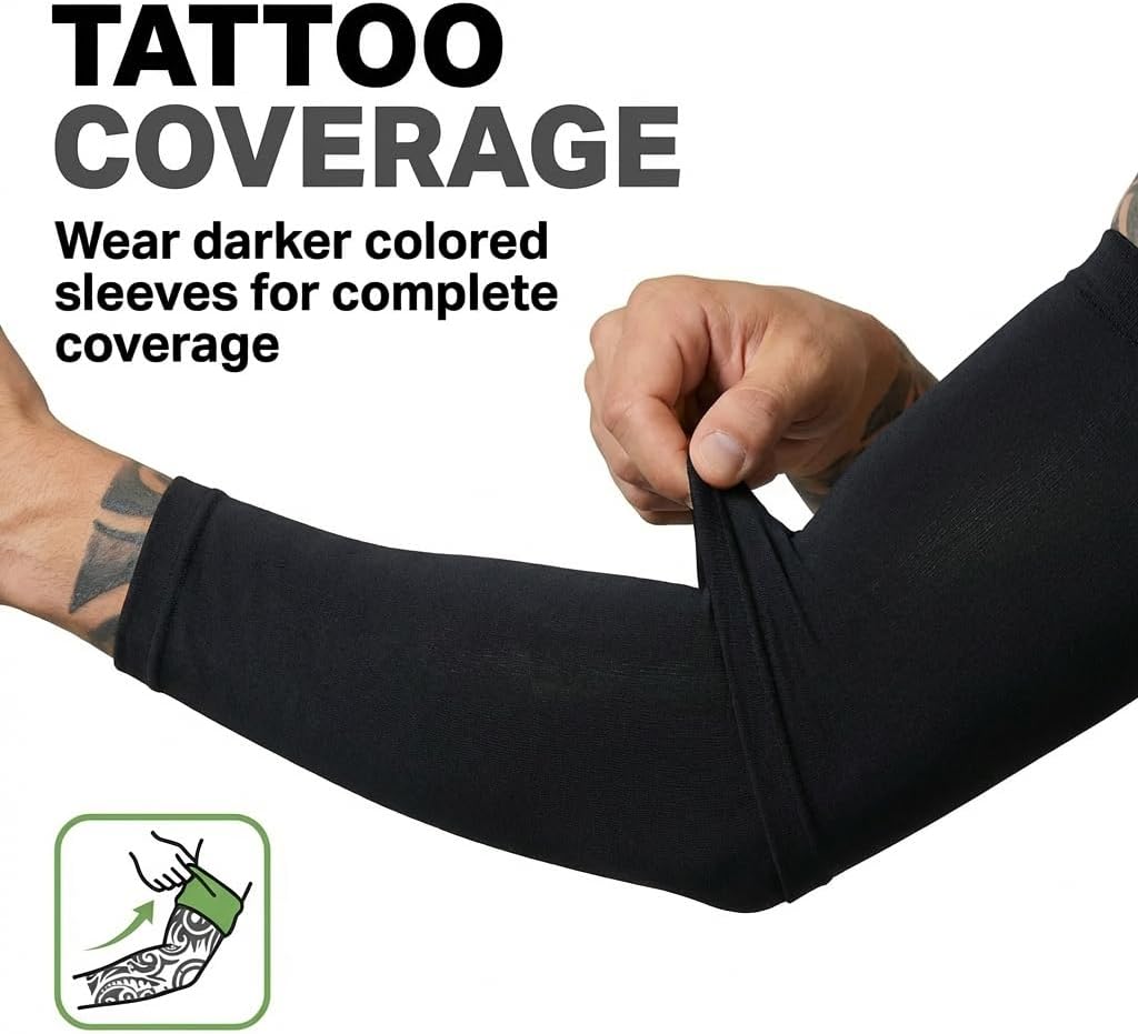 Arm Sleeves for Men UV Protection, 2 Pairs | Straight cut compression sleeves to cover arms for men. Cooling comfort for golf, cycling, tattoo concealment, and sports.