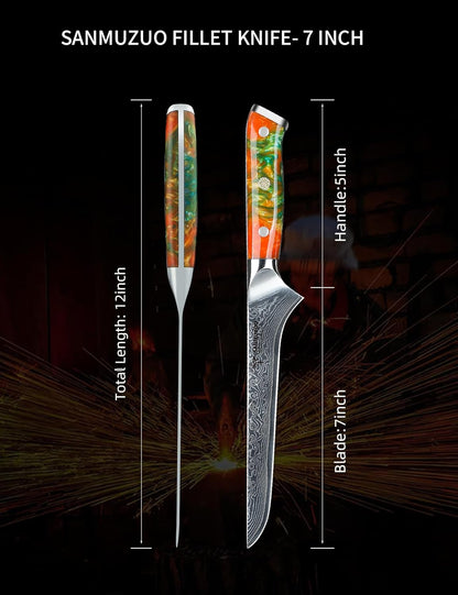7 inch Fillet Knife, VG10 Damascus Steel Fish Boning Knife with Resin Handle - Xuan Series (Fantasy Orange)