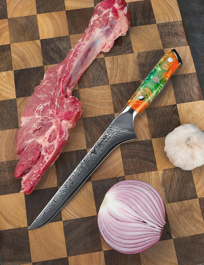 7 inch Fillet Knife, VG10 Damascus Steel Fish Boning Knife with Resin Handle - Xuan Series (Fantasy Orange)