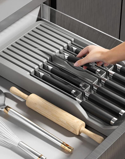 Knife Drawer Organizer, Drawer Insert for 11 Knives (No Knives Included), Space Saver for Kitchen Safety (Gray)