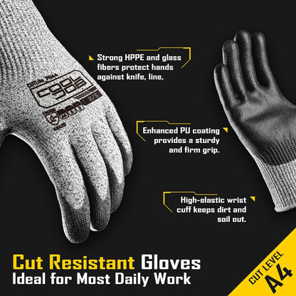 12/120 Pairs Cut Resistant Safety Work Gloves with Grip, 13 Gauge Seamless Shell with PU Coating, ANSI A2 A4 A6, Gray