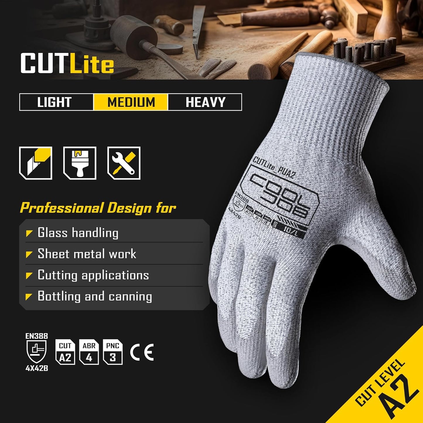 12/120 Pairs Cut Resistant Safety Work Gloves with Grip, 13 Gauge Seamless Shell with PU Coating, ANSI A2 A4 A6, Gray