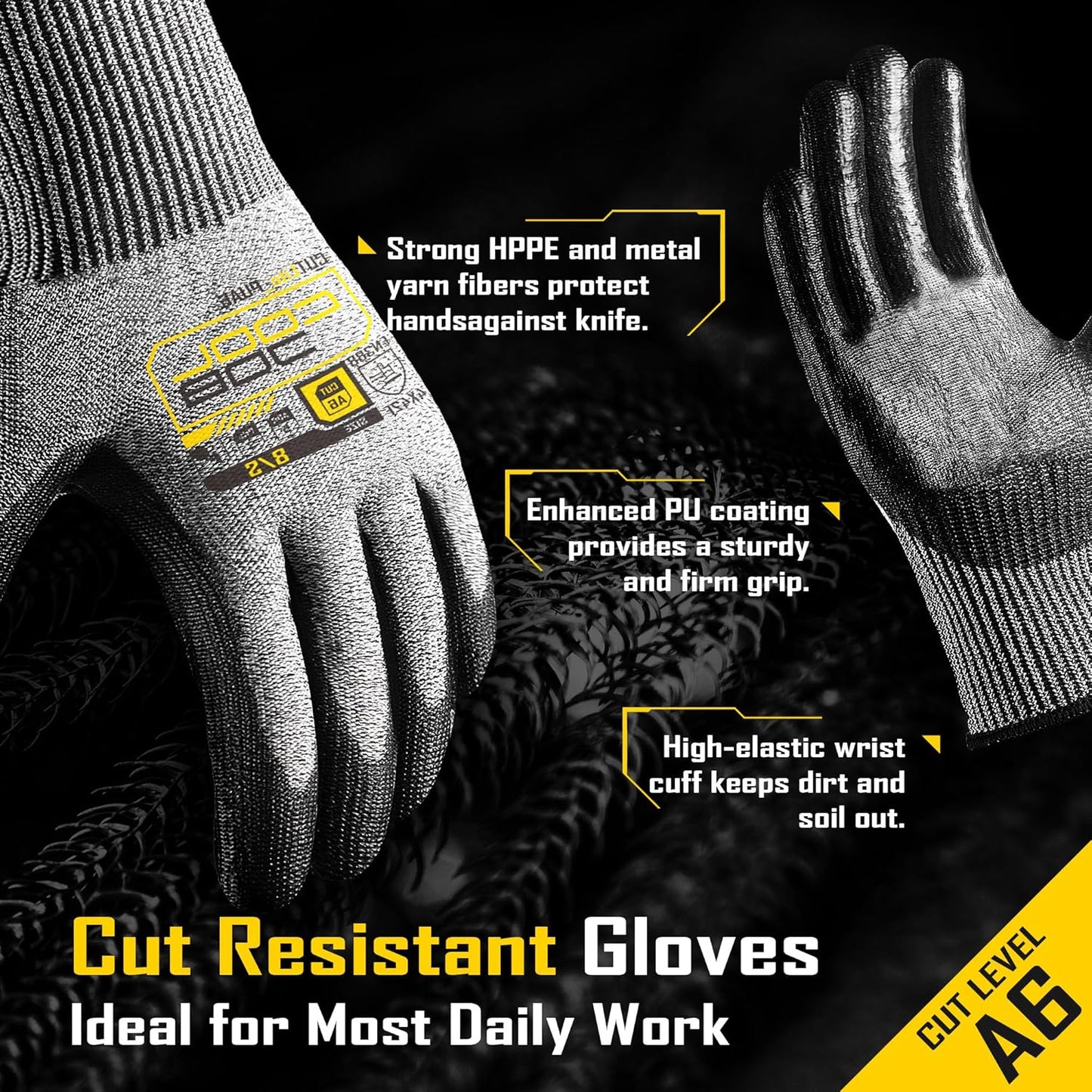 12/120 Pairs Cut Resistant Safety Work Gloves with Grip, 13 Gauge Seamless Shell with PU Coating, ANSI A2 A4 A6, Gray