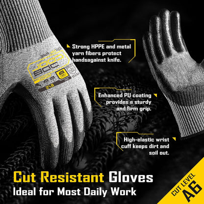 12/120 Pairs Cut Resistant Safety Work Gloves with Grip, 13 Gauge Seamless Shell with PU Coating, ANSI A2 A4 A6, Gray
