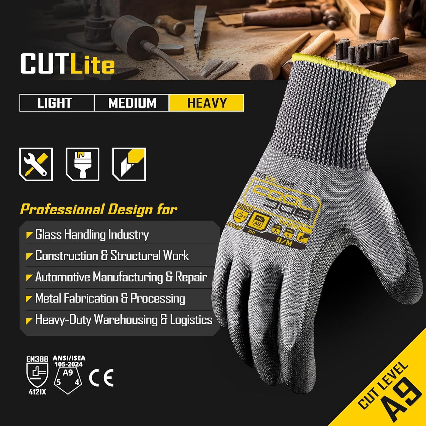 12/120 Pairs Cut Resistant Safety Work Gloves with Grip, 13 Gauge Seamless Shell with PU Coating, ANSI A2 A4 A6, Gray