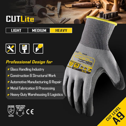 12/120 Pairs Cut Resistant Safety Work Gloves with Grip, 13 Gauge Seamless Shell with PU Coating, ANSI A2 A4 A6, Gray