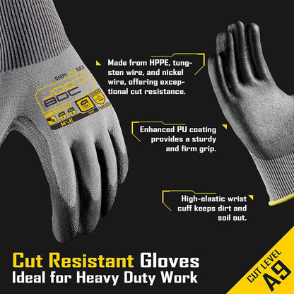 12/120 Pairs Cut Resistant Safety Work Gloves with Grip, 13 Gauge Seamless Shell with PU Coating, ANSI A2 A4 A6, Gray
