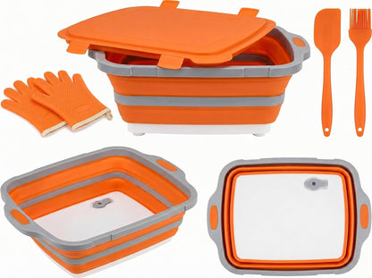 Collapsible BBQ Prep Tub with Lid & Cutting Board 8L - Meat Marinating Basin & Grill Carry System - 5pc Set with Heat Resistant Gloves, Basting Brush & Spatula(Orange, Large, 8L)