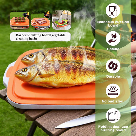 Collapsible BBQ Prep Tub with Lid & Cutting Board 8L - Meat Marinating Basin & Grill Carry System - 5pc Set with Heat Resistant Gloves, Basting Brush & Spatula(Orange, Large, 8L)