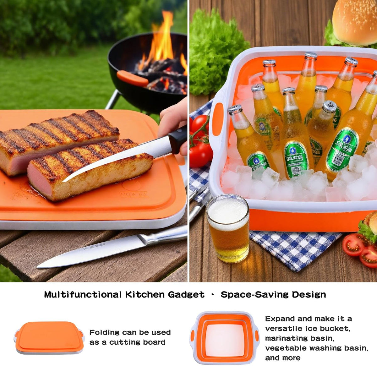 Collapsible BBQ Prep Tub with Lid & Cutting Board 8L - Meat Marinating Basin & Grill Carry System - 5pc Set with Heat Resistant Gloves, Basting Brush & Spatula(Orange, Large, 8L)