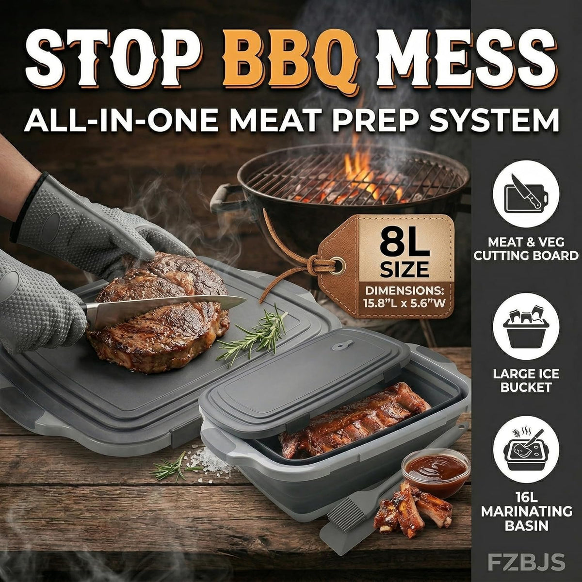 Collapsible BBQ Prep Tub with Lid & Cutting Board 8L - Meat Marinating Basin & Grill Carry System - 5pc Set with Heat Resistant Gloves, Basting Brush & Spatula(Orange, Large, 8L)