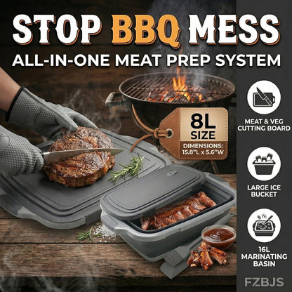 Collapsible BBQ Prep Tub with Lid & Cutting Board 8L - Meat Marinating Basin & Grill Carry System - 5pc Set with Heat Resistant Gloves, Basting Brush & Spatula(Orange, Large, 8L)