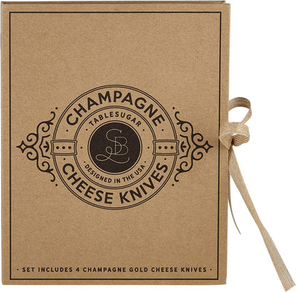 Cheese Knives - Gift Boxed Stainless Steel Knife & Fork Set for Soft Medium & Hard Cheeses, 4-Pieces, Champagne Gold