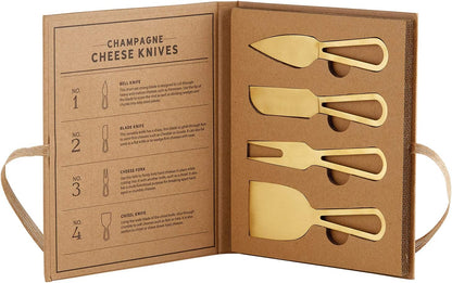 Cheese Knives - Gift Boxed Stainless Steel Knife & Fork Set for Soft Medium & Hard Cheeses, 4-Pieces, Champagne Gold