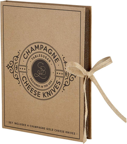 Cheese Knives - Gift Boxed Stainless Steel Knife & Fork Set for Soft Medium & Hard Cheeses, 4-Pieces, Champagne Gold