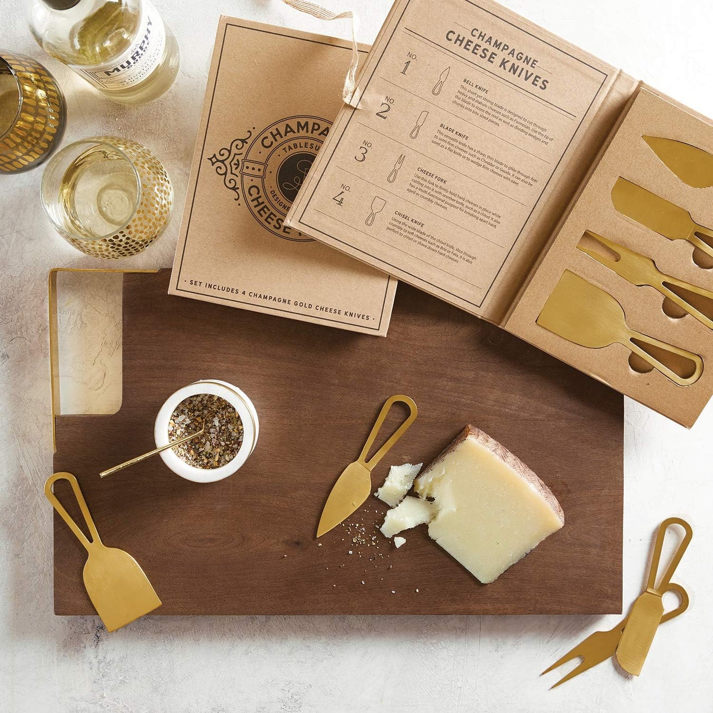 Cheese Knives - Gift Boxed Stainless Steel Knife & Fork Set for Soft Medium & Hard Cheeses, 4-Pieces, Champagne Gold