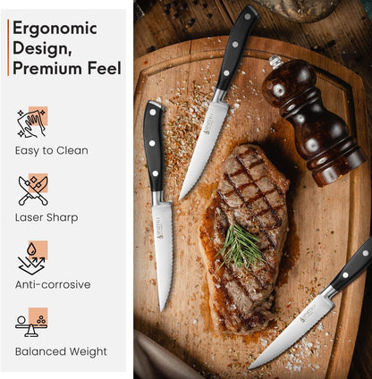 Premium 4.5-Inch Steak Knife Set of 4 – Serrated Stainless Steel Blades with Ergonomic Handles – Razor-Sharp Cutlery for Effortless Meat Slicing – Dishwasher Safe, Rust-Resistant.