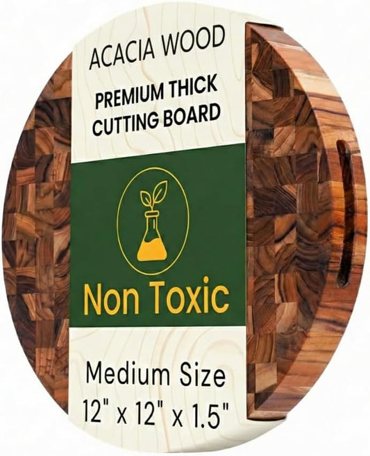Round End Grain Acacia Cutting Board, 12" x 12" x 1.5" Thick Butcher Block for Meat, Cheese, Charcuterie & Kitchen Prep, Solid Hardwood, Knife Friendly, Non Toxic Wood Serving Board by New M Way