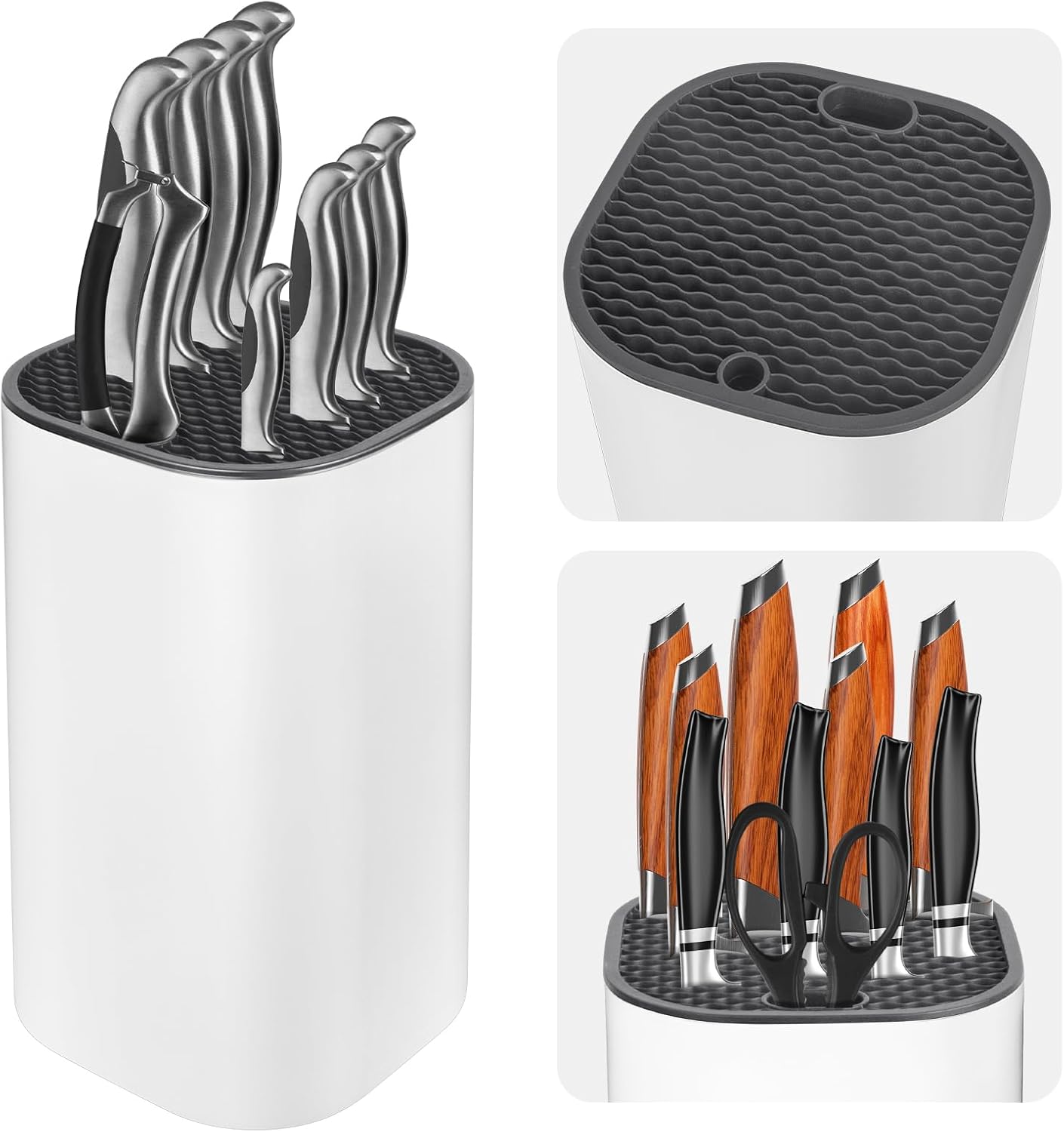 Knife Block without Knives, Universal Knife Block, Detachable Knife Holder, Space Saver Knife Storage Holder with Scissors Slot, Sharpening Bar Slot, Kitchen Knife Holder White