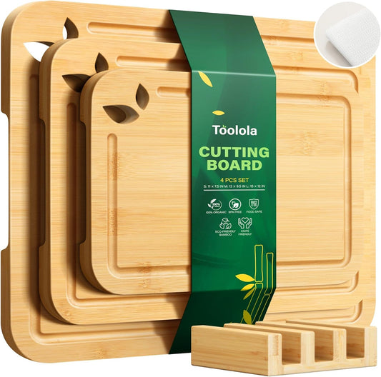 Bamboo Cutting Boards for Kitchen, Wooden Cutting Boards Set with Holder | Knife-Friendly Chopping Boards with Silicone Mat, Charcuterie Boards with Side Handles and Juice Grooves