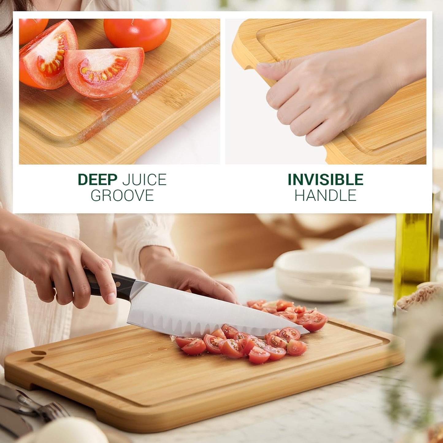 Bamboo Cutting Boards for Kitchen, Wooden Cutting Boards Set with Holder | Knife-Friendly Chopping Boards with Silicone Mat, Charcuterie Boards with Side Handles and Juice Grooves