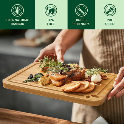 Bamboo Cutting Boards for Kitchen, Wooden Cutting Boards Set with Holder | Knife-Friendly Chopping Boards with Silicone Mat, Charcuterie Boards with Side Handles and Juice Grooves
