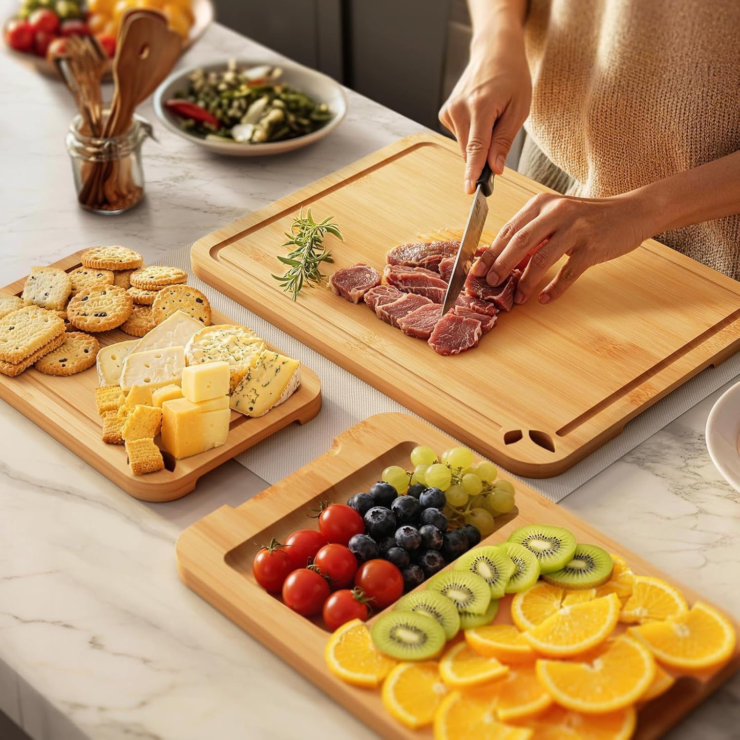 Bamboo Cutting Boards for Kitchen, Wooden Cutting Boards Set with Holder | Knife-Friendly Chopping Boards with Silicone Mat, Charcuterie Boards with Side Handles and Juice Grooves