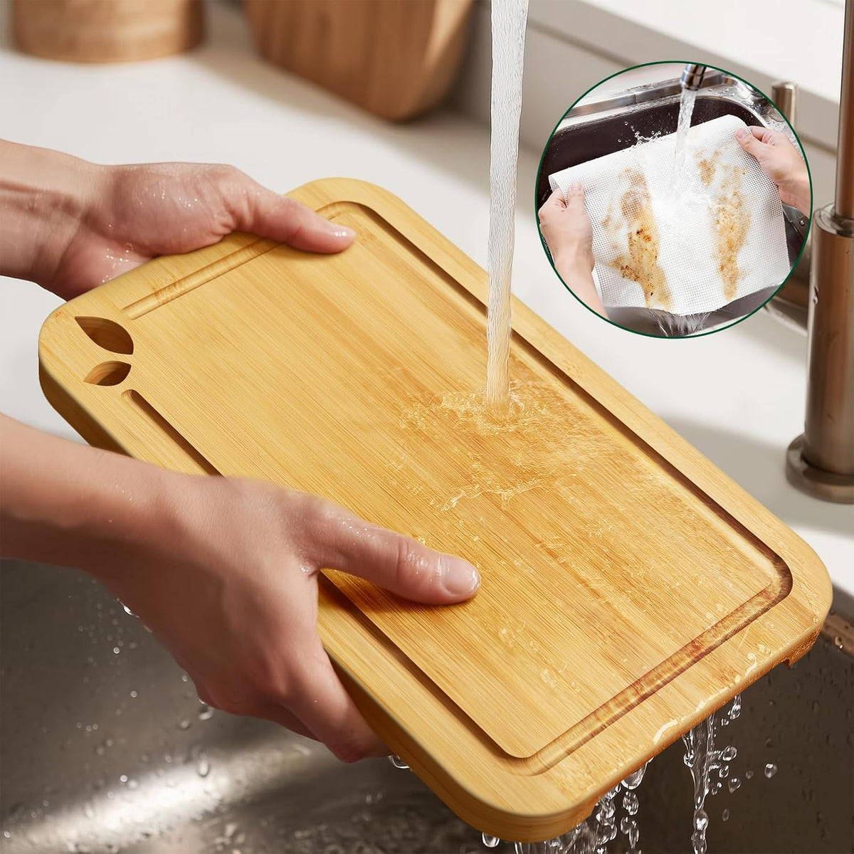 Bamboo Cutting Boards for Kitchen, Wooden Cutting Boards Set with Holder | Knife-Friendly Chopping Boards with Silicone Mat, Charcuterie Boards with Side Handles and Juice Grooves