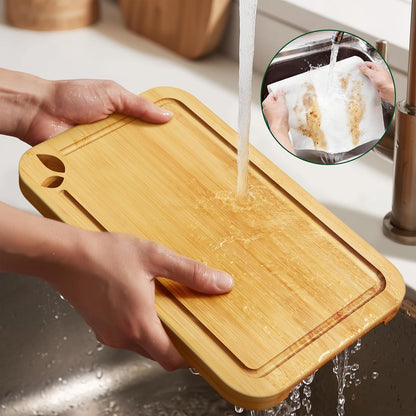 Bamboo Cutting Boards for Kitchen, Wooden Cutting Boards Set with Holder | Knife-Friendly Chopping Boards with Silicone Mat, Charcuterie Boards with Side Handles and Juice Grooves