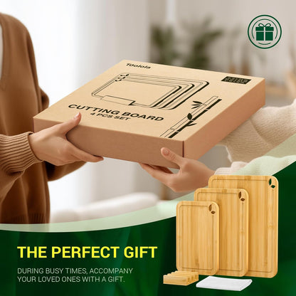 Bamboo Cutting Boards for Kitchen, Wooden Cutting Boards Set with Holder | Knife-Friendly Chopping Boards with Silicone Mat, Charcuterie Boards with Side Handles and Juice Grooves