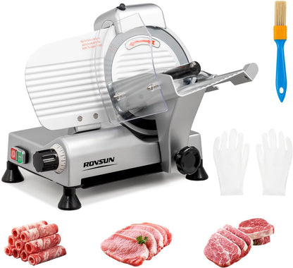 ROVUN 8 inch Commercial Meat Slicer, Electric Food Slicer, 210W Frozen Meat Deli Slicer, 0-13mm Adjustable Thickness, Chromium-Plated Steel Blade for Home and Commercial