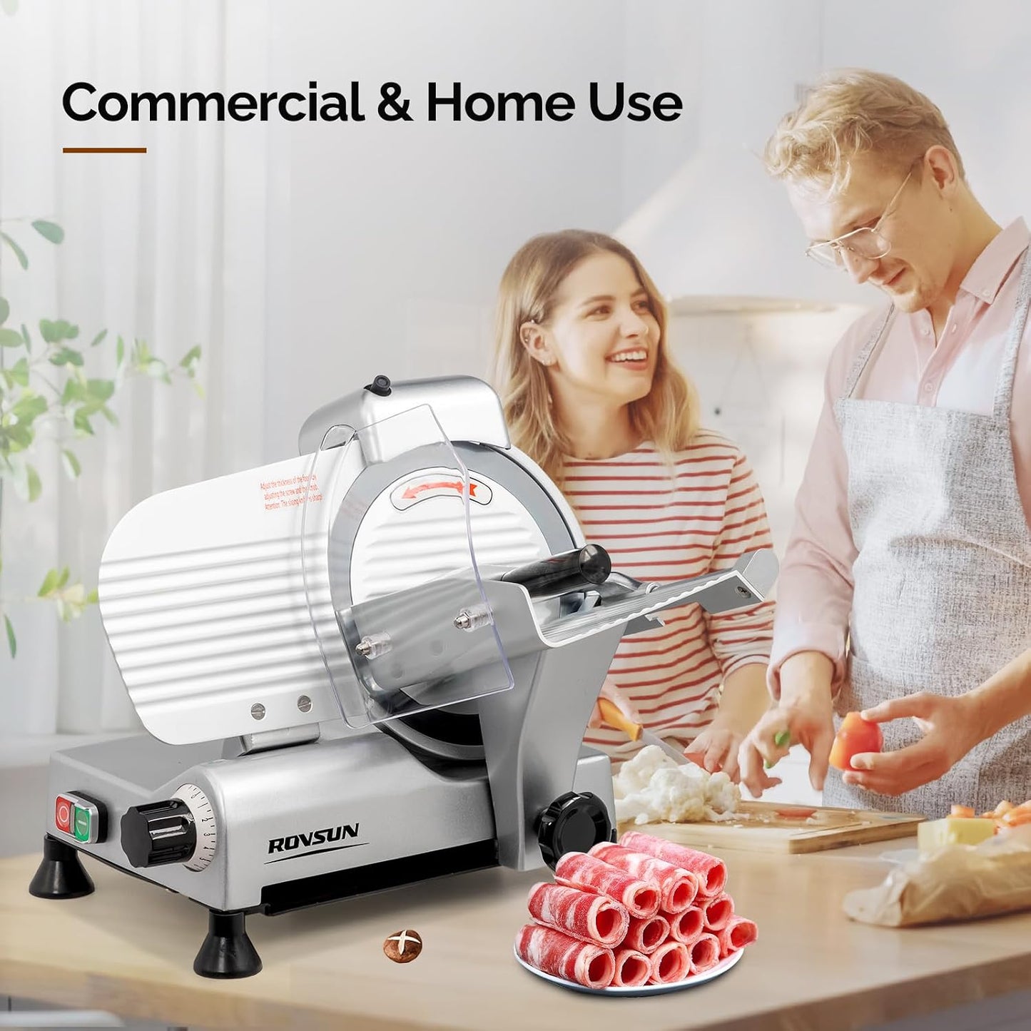 ROVUN 8 inch Commercial Meat Slicer, Electric Food Slicer, 210W Frozen Meat Deli Slicer, 0-13mm Adjustable Thickness, Chromium-Plated Steel Blade for Home and Commercial