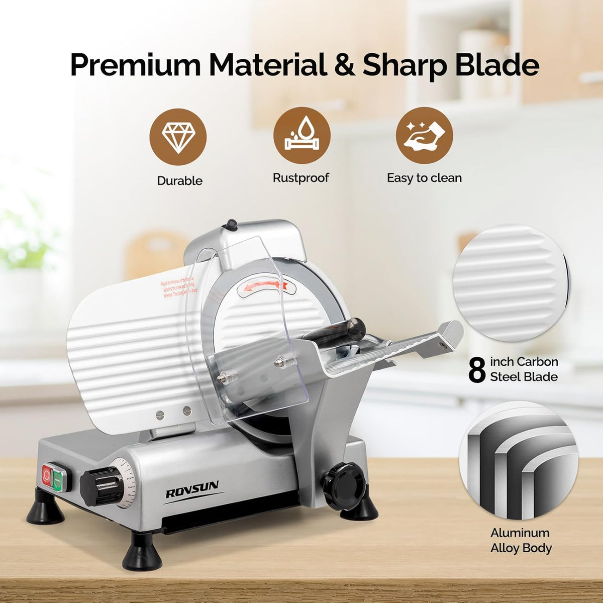 ROVUN 8 inch Commercial Meat Slicer, Electric Food Slicer, 210W Frozen Meat Deli Slicer, 0-13mm Adjustable Thickness, Chromium-Plated Steel Blade for Home and Commercial