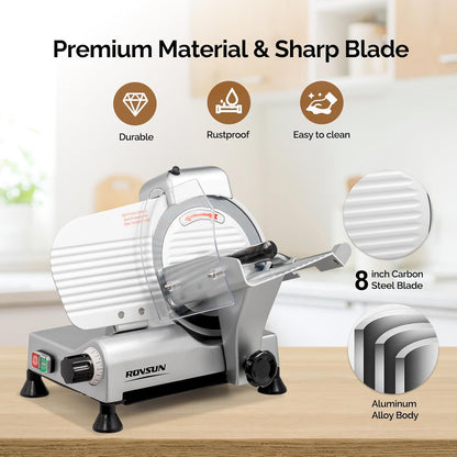 ROVUN 8 inch Commercial Meat Slicer, Electric Food Slicer, 210W Frozen Meat Deli Slicer, 0-13mm Adjustable Thickness, Chromium-Plated Steel Blade for Home and Commercial