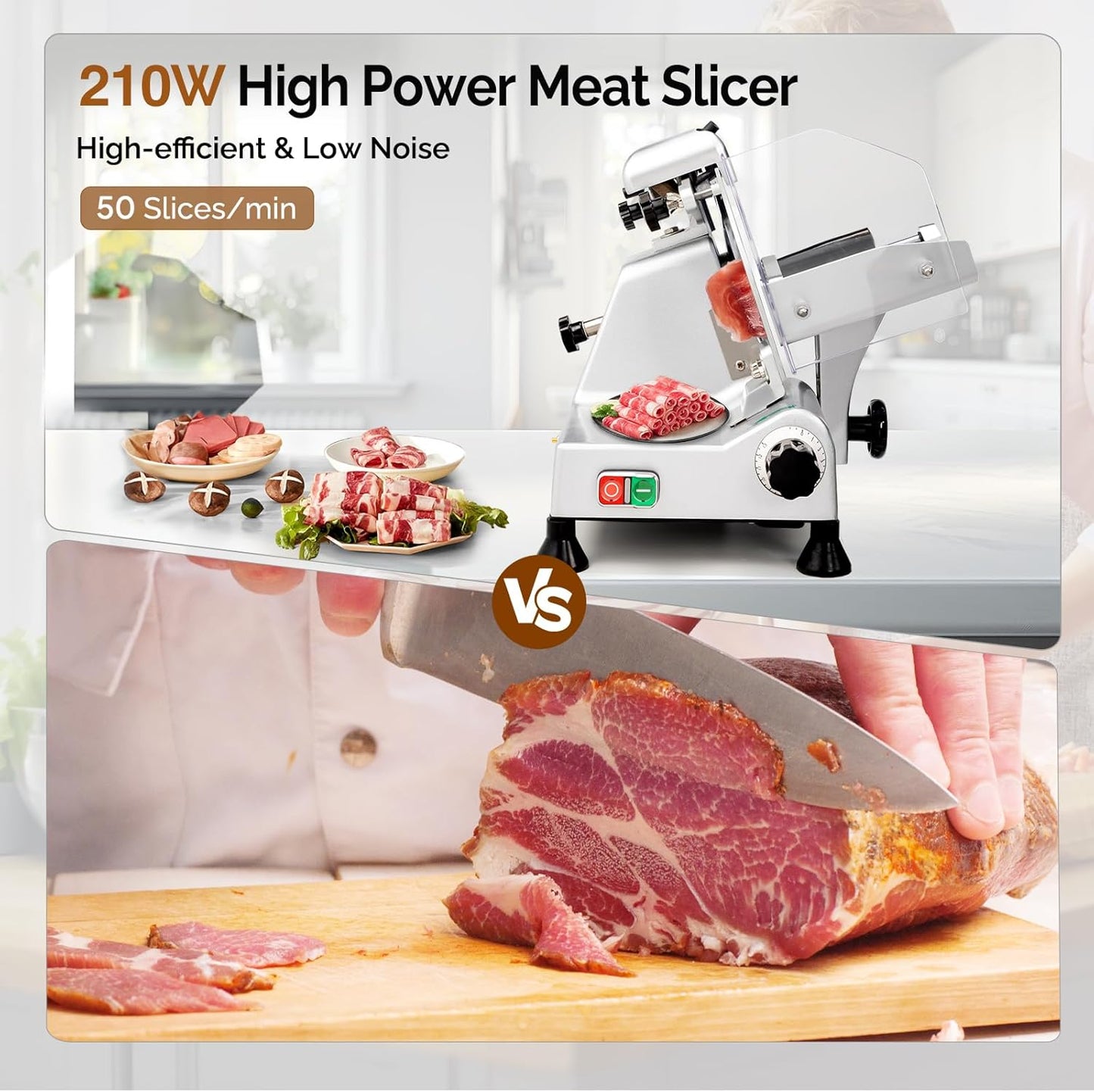 ROVUN 8 inch Commercial Meat Slicer, Electric Food Slicer, 210W Frozen Meat Deli Slicer, 0-13mm Adjustable Thickness, Chromium-Plated Steel Blade for Home and Commercial