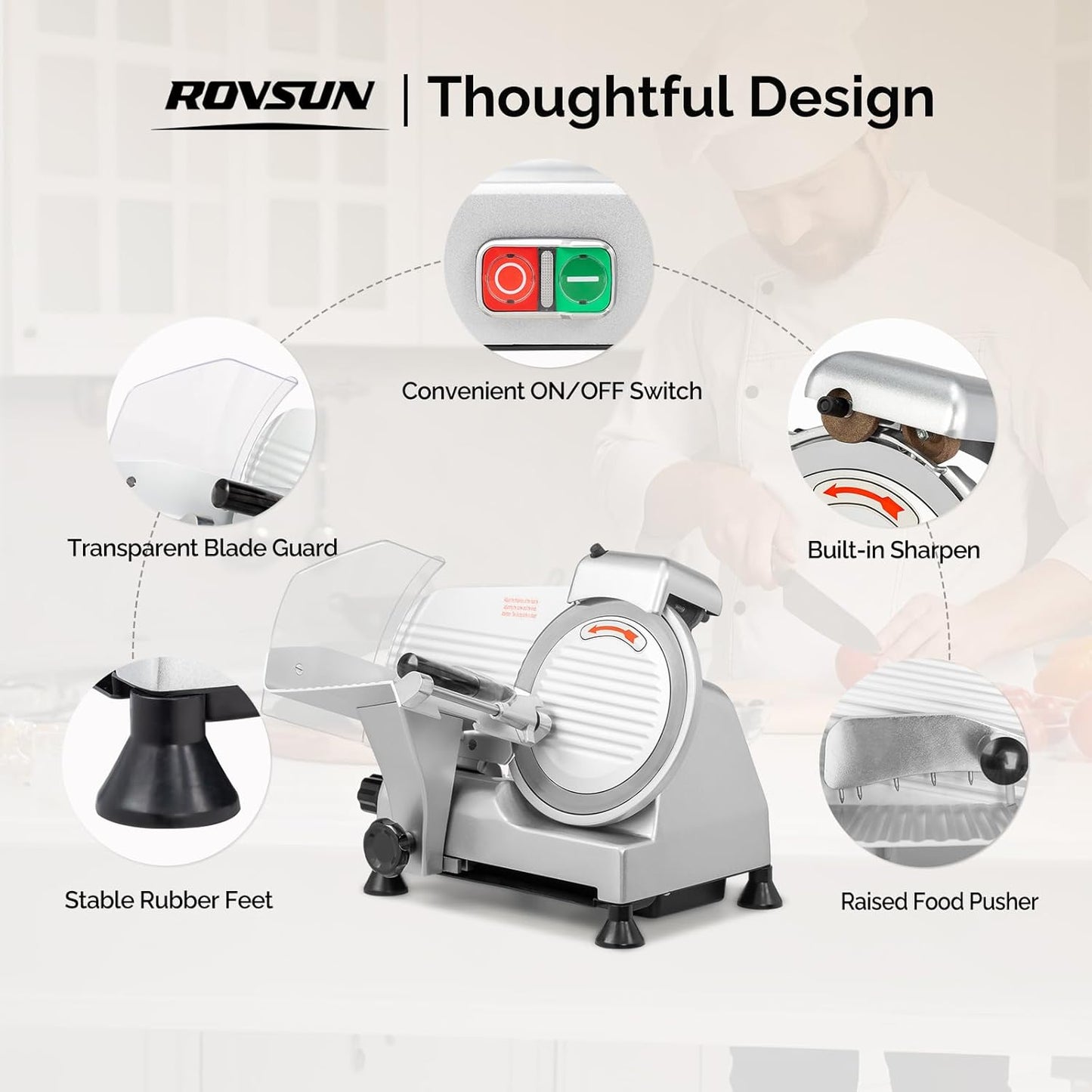 ROVUN 8 inch Commercial Meat Slicer, Electric Food Slicer, 210W Frozen Meat Deli Slicer, 0-13mm Adjustable Thickness, Chromium-Plated Steel Blade for Home and Commercial