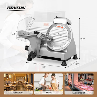 ROVUN 8 inch Commercial Meat Slicer, Electric Food Slicer, 210W Frozen Meat Deli Slicer, 0-13mm Adjustable Thickness, Chromium-Plated Steel Blade for Home and Commercial