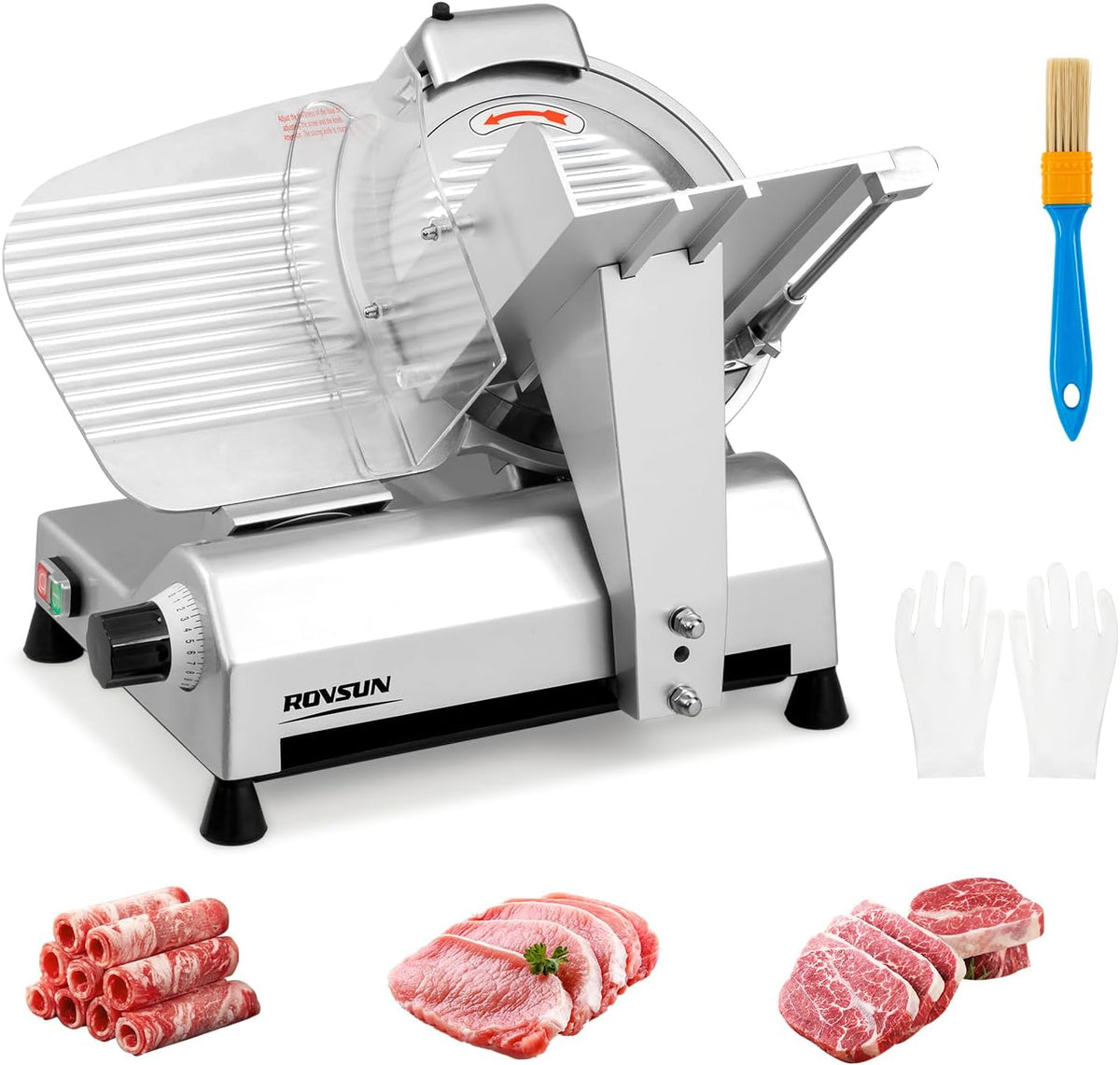 ROVUN 8 inch Commercial Meat Slicer, Electric Food Slicer, 210W Frozen Meat Deli Slicer, 0-13mm Adjustable Thickness, Chromium-Plated Steel Blade for Home and Commercial
