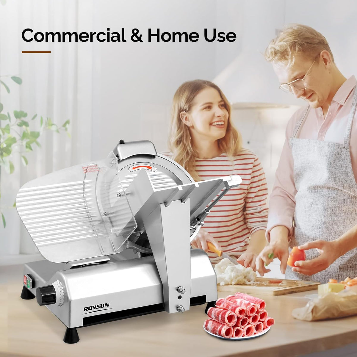 ROVUN 8 inch Commercial Meat Slicer, Electric Food Slicer, 210W Frozen Meat Deli Slicer, 0-13mm Adjustable Thickness, Chromium-Plated Steel Blade for Home and Commercial