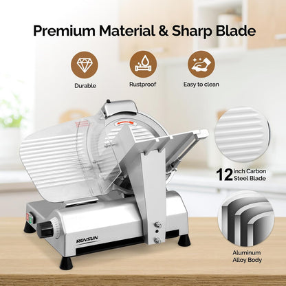 ROVUN 8 inch Commercial Meat Slicer, Electric Food Slicer, 210W Frozen Meat Deli Slicer, 0-13mm Adjustable Thickness, Chromium-Plated Steel Blade for Home and Commercial