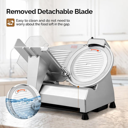 ROVUN 8 inch Commercial Meat Slicer, Electric Food Slicer, 210W Frozen Meat Deli Slicer, 0-13mm Adjustable Thickness, Chromium-Plated Steel Blade for Home and Commercial