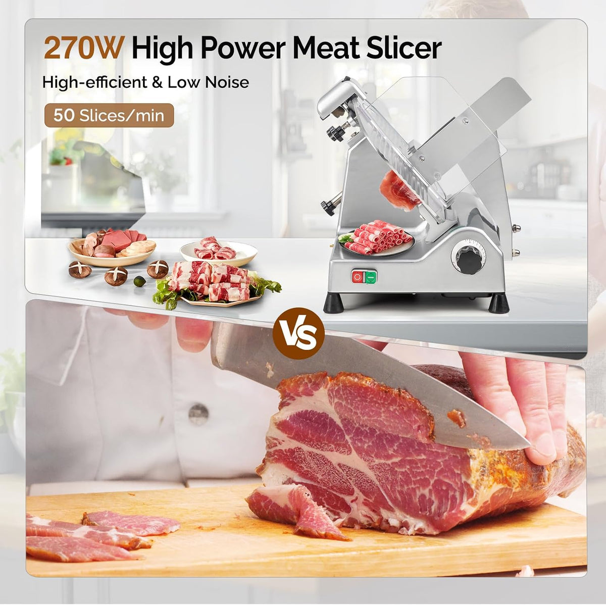 ROVUN 8 inch Commercial Meat Slicer, Electric Food Slicer, 210W Frozen Meat Deli Slicer, 0-13mm Adjustable Thickness, Chromium-Plated Steel Blade for Home and Commercial
